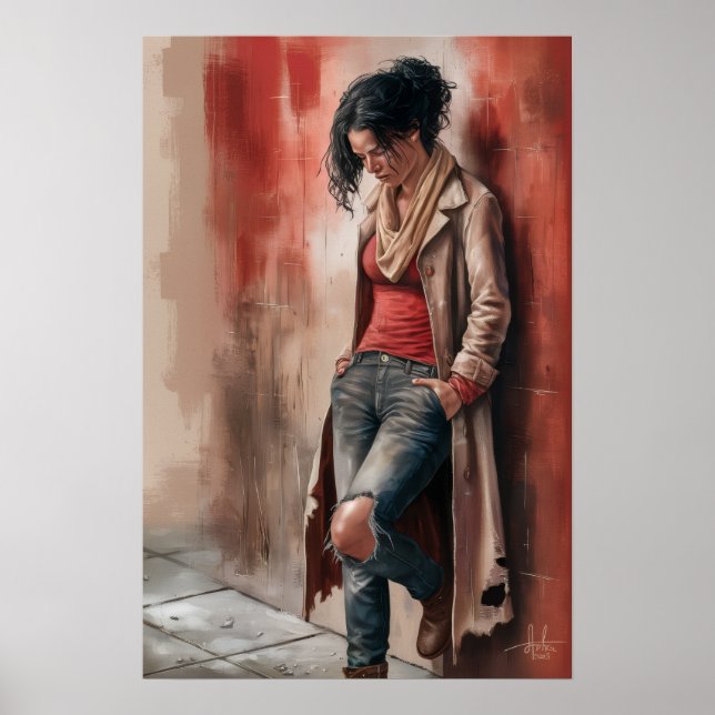 Urban Ensamhet: Figur Mot den Röda Vägg Poster (Framsidan)