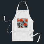 Urban Forest Silhouettes Förkläde<br><div class="desc">This artwork presents a stylized cityscape with abstract trees in bold red and black. The geometric forms of buildings and trees create a contrast between the natural and urban environments,  set against a black-and-white striped background that adds a surreal quality.</div>