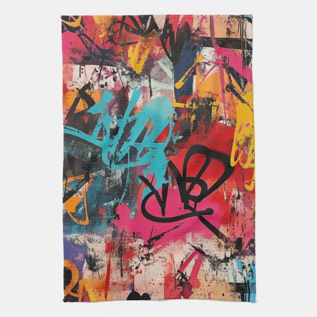 Urban graffiti-kollage med djärva färger  Måla Kökshandduk (Vertikal)