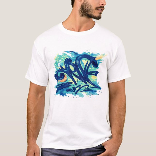 Urban Graffiti Splash – Blå & Teal Gatukonst  T Shirt (Framsida)