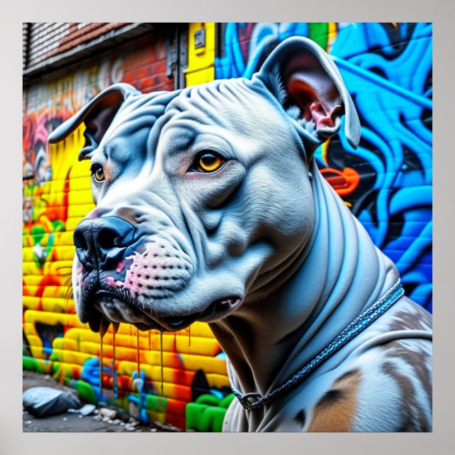 Urban Graffiti Street Art White Pitbull Älskare Poster (Framsidan)