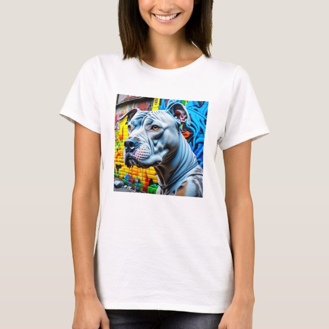 Urban Graffiti Street Art White Pitbull Älskare T Shirt (Framsida)
