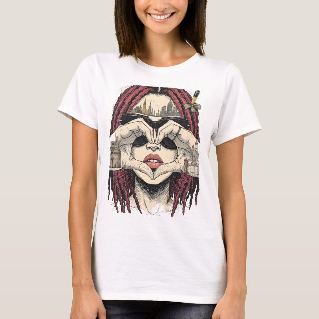 Urban Heart Vision: Pink Dreads, City Skyline, and T Shirt (Framsida)
