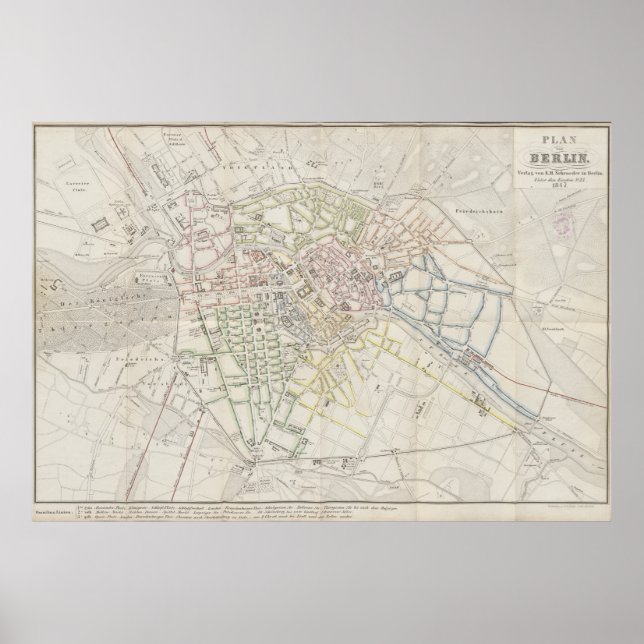Urban layoutplan för Berlin från 1847, tysk karta Poster (Framsidan)