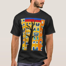 Urban Oasis: Färgglad Stiliserad Byggnad T-Shirt