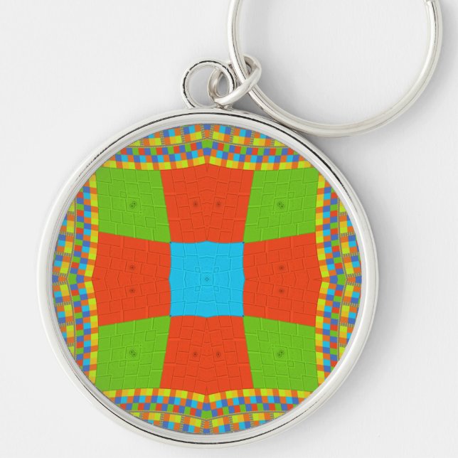 "Urban Quilt" Europeisk geometrisk mönsterkonst Rund Silverfärgad Nyckelring (Framsidan)