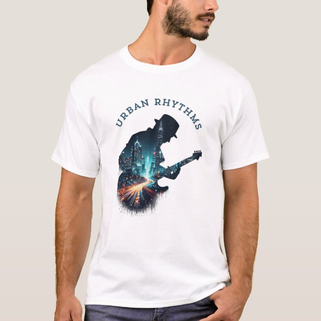 "Urban Rhythms - Cityscape Guitar Music T-Shirt" T Shirt (Framsida)