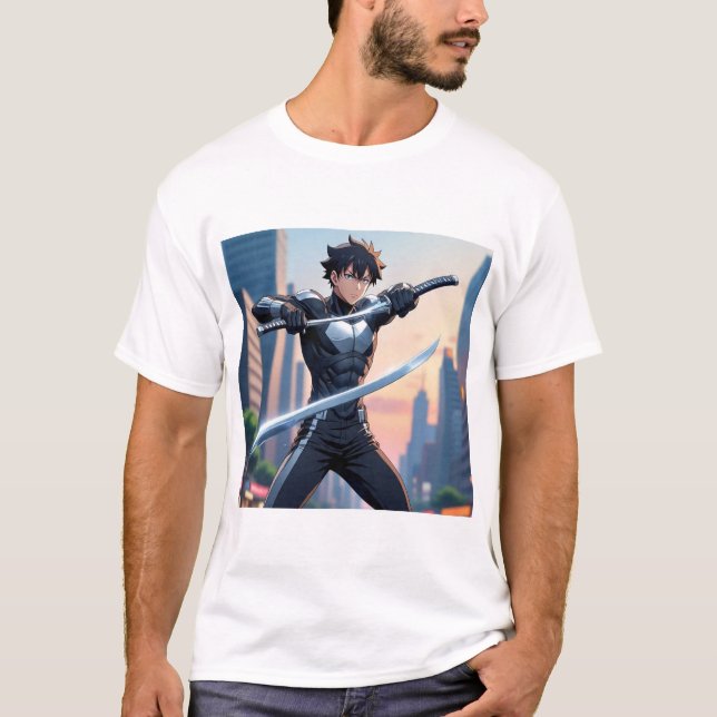 Urban Samurai – Animekrigare med dubbla Katana T Shirt (Framsida)