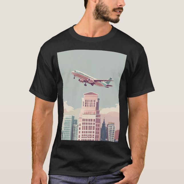 Urban Skyline Airplan Landing Graphic T-Shirt (Framsida)
