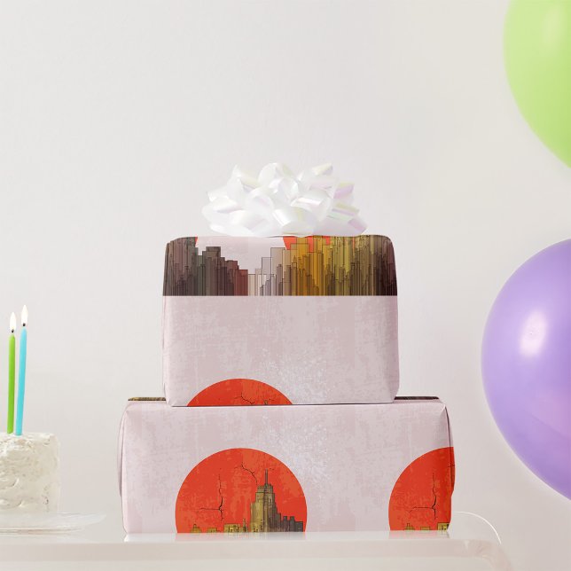 Urban Skyline med Red Sol Grunge Cityscape Presentpapper (Skapare uppladdad)