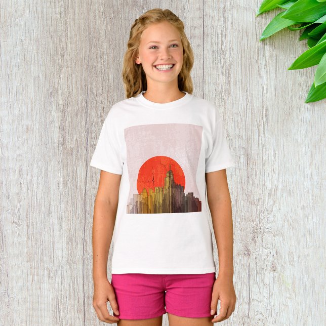 Urban Skyline med Red Sol Grunge Cityscape T Shirt (Skapare uppladdad)