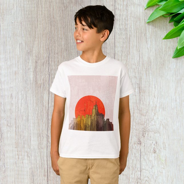 Urban Skyline med Red Sol Grunge Cityscape T Shirt (Skapare uppladdad)