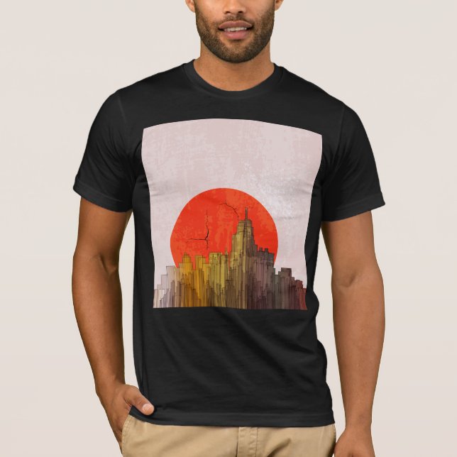 Urban Skyline med Red Sol Grunge Cityscape T Shirt (Framsida)