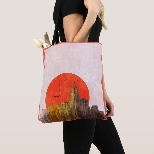 Urban Skyline med Red Sol Grunge Cityscape Tygkasse (Skapare uppladdad)