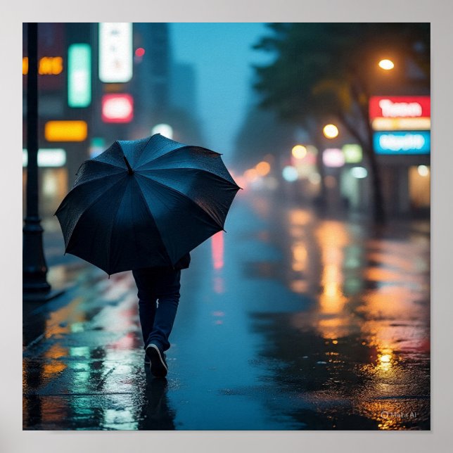 Urban Solitude - Rainy City Night Scene Poster (Framsidan)
