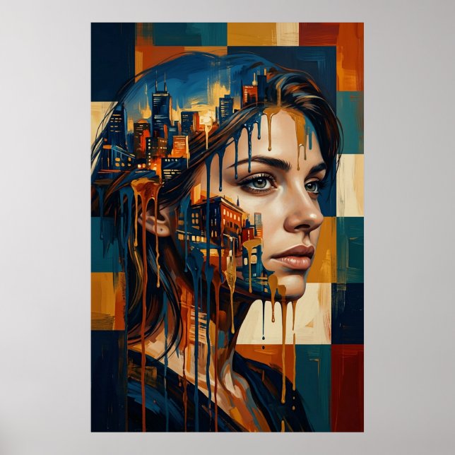 Urban stadsbild Dubbelexponering Kvinna Porträtt Poster (Framsidan)