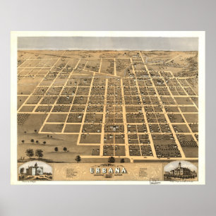 Urbana Illinois 1869 antika panorama- karta Poster