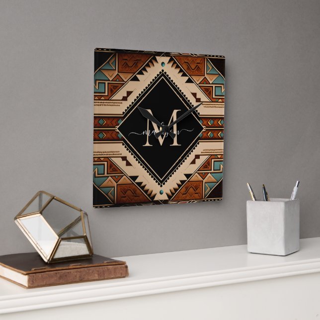 Urinhemska indianerkultur Boho-stil monogram Fyrkantig Klocka (Kontor)
