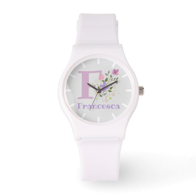 Urklocka i blomsterdesign med namn och initial armbandsur (Framsida)