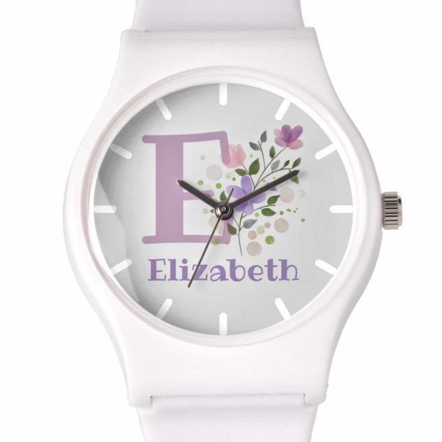 Urklocka i blomsterdesign med namn och initial armbandsur (Skapare uppladdad)