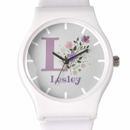 Urklocka i blomsterdesign med namn och initial armbandsur