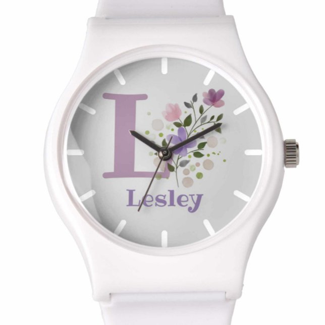 Urklocka i blomsterdesign med namn och initial armbandsur (Skapare uppladdad)