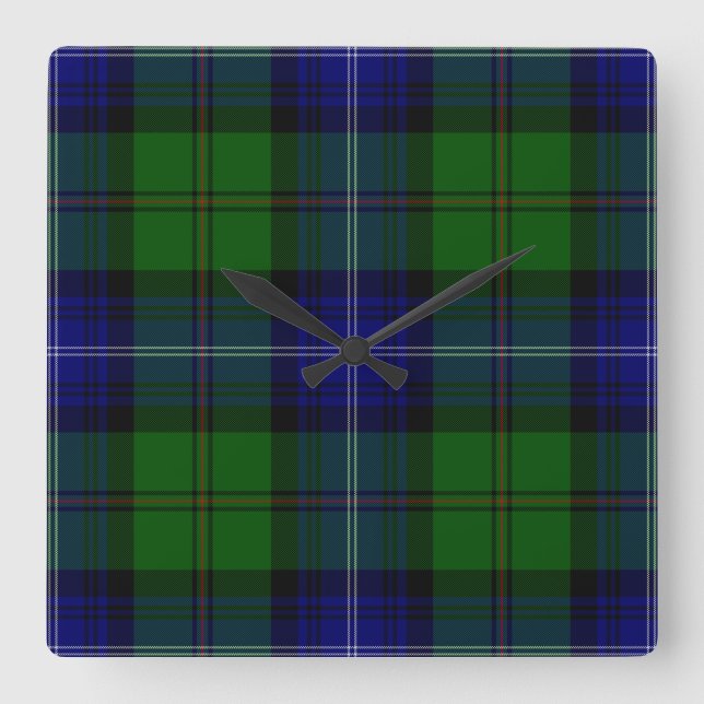 Urquhart tartan blue grönt plaid fyrkantig klocka (Framsida)
