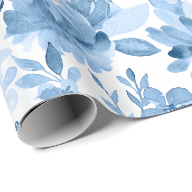 Ursnygg blått- & vitvattenfärgblommigt presentpapper (Rullad Hörn)