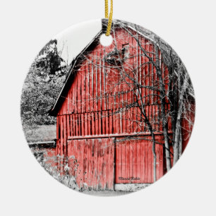Ursnygg röd ladugård julgransprydnad keramik