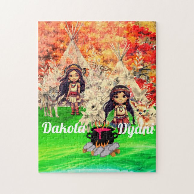 Ursprunglig amerikansk flicka med skogsdjur pussel (Vertikal)