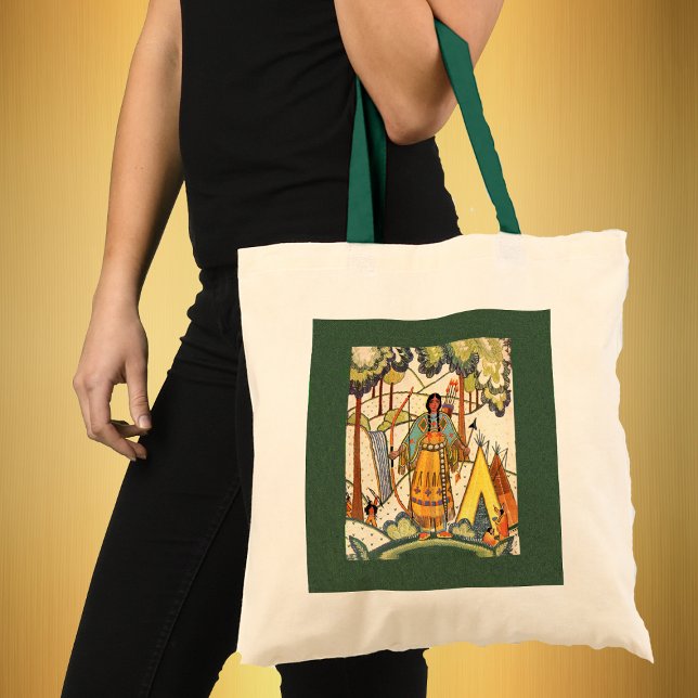 Ursprunglig amerikansk Maiden Bag Tygkasse (Native American women bow arrow teepees under trees with en embroidery look on green tote bag.)