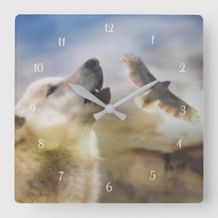 Ursprunglig amerikansk Varg och Röda Svan Hawk Fyrkantig Klocka