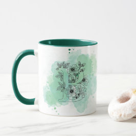 Ursprunglig B-vattenfärgsmonogram-Grönt botanisk Mugg