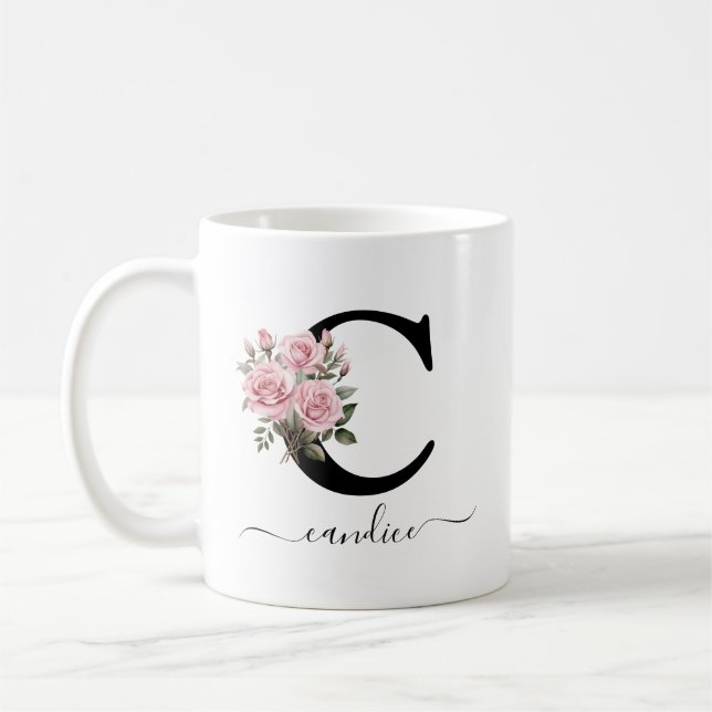 Ursprunglig C Rosa ros Blommigt Flowers Monogram N Kaffemugg (Vänster)