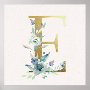 Ursprunglig E Golden and Blue Blommigt Monogram Po Poster