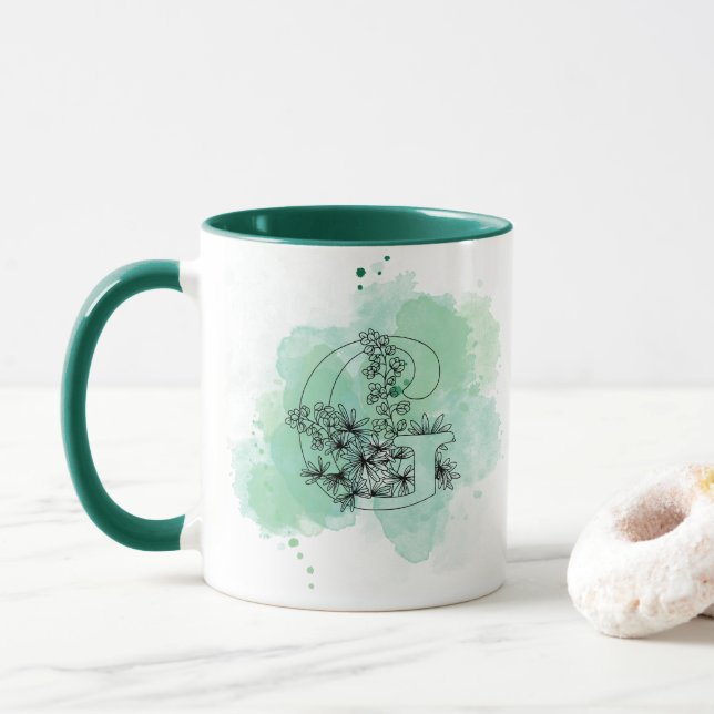Ursprunglig G Watercolor Monogram Grönt Botaniskt Mugg (Med munk)