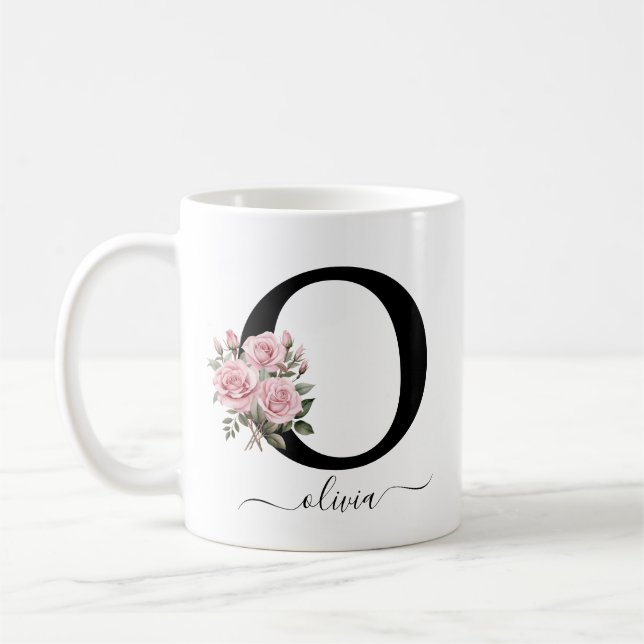 Ursprunglig O Monogram Blommigt Flower Rosa ros Mu Kaffemugg (Vänster)