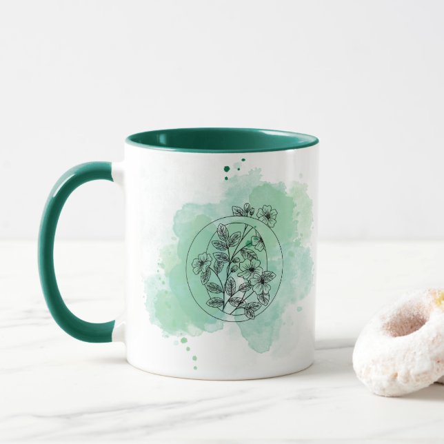 Ursprunglig O Watercolor Monogram-Grönt botaniskt Mugg (Med munk)