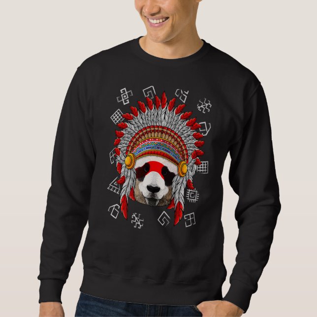 Ursprunglig Panda Native Indian Headdress Lång Ärmad Tröja (Framsida)