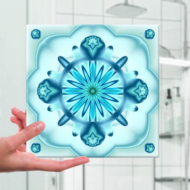 Ursprunglig turkos Blue Fractal Design Tile Kakelplatta (Fractal abstract art tile in blue and turquoise with a floral star geometric pattern)