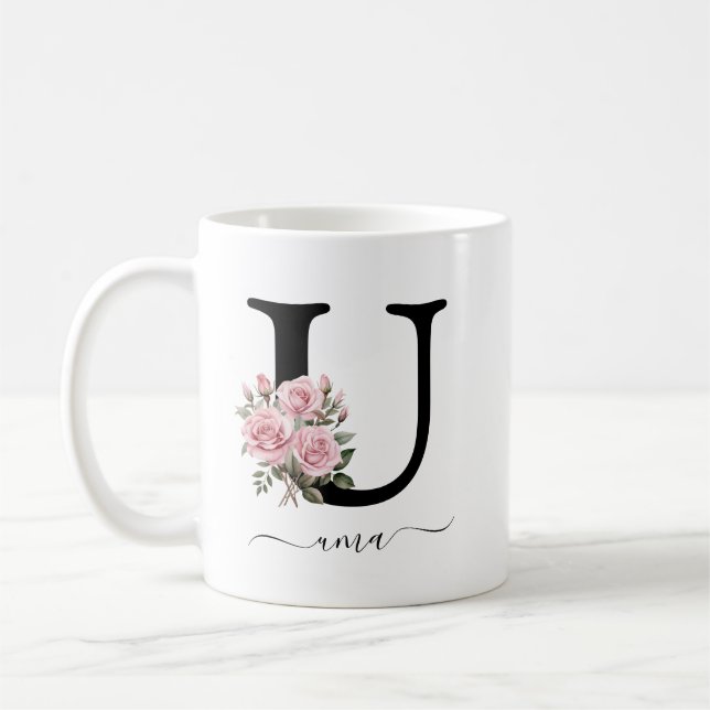 Ursprunglig U Monogram-Blommigt Flower Rosa ros Mu Kaffemugg (Vänster)