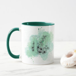 Ursprunglig U Watercolor Monogram-Grönt Botaniskt Mugg