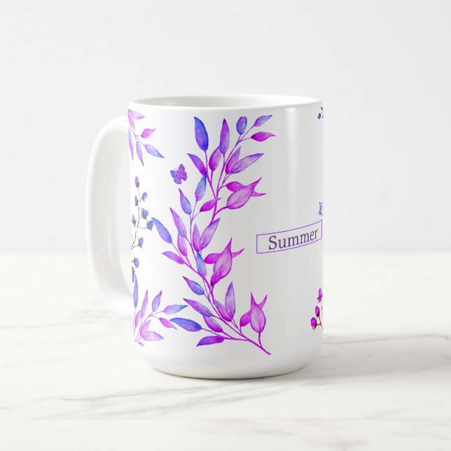 Ursprunglig utformning av lila blommor och grenar kaffemugg (Framsida vänster)