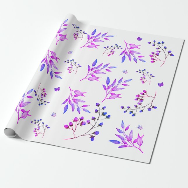 Ursprunglig utformning av lila blommor och grenar presentpapper (Utrullad)