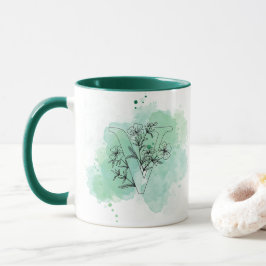 Ursprunglig V vattenfärgsmonogram Grönt botaniskt Mugg