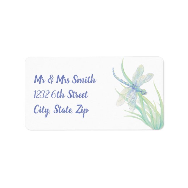 Ursprunglig vattenfärg Dragonfly i blått och Grönt Adressetikett (Framsidan)