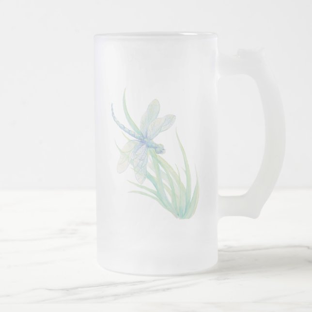 Ursprunglig vattenfärg Dragonfly i blått och Grönt Frostat Ölglas (Höger)