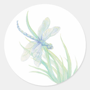 Ursprunglig vattenfärg Dragonfly i blått och Grönt Runt Klistermärke