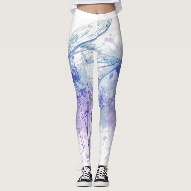 Ursprunglig vattenfärg Dragonfly i Blue Mauve Natu Leggings (Framsida)