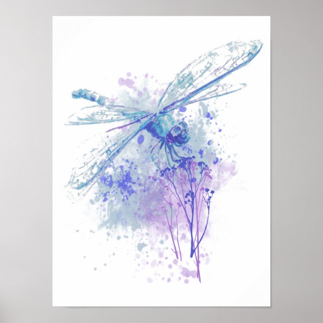 Ursprunglig vattenfärg Dragonfly i Blue Mauve Natu Poster (Framsidan)